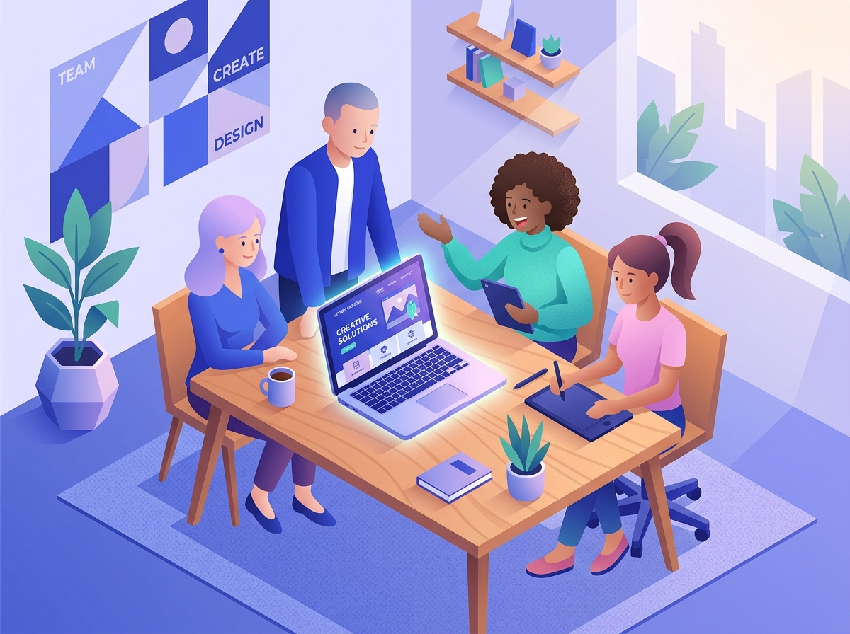 Illustration of the LumaRise design team collaborating on a website mockup